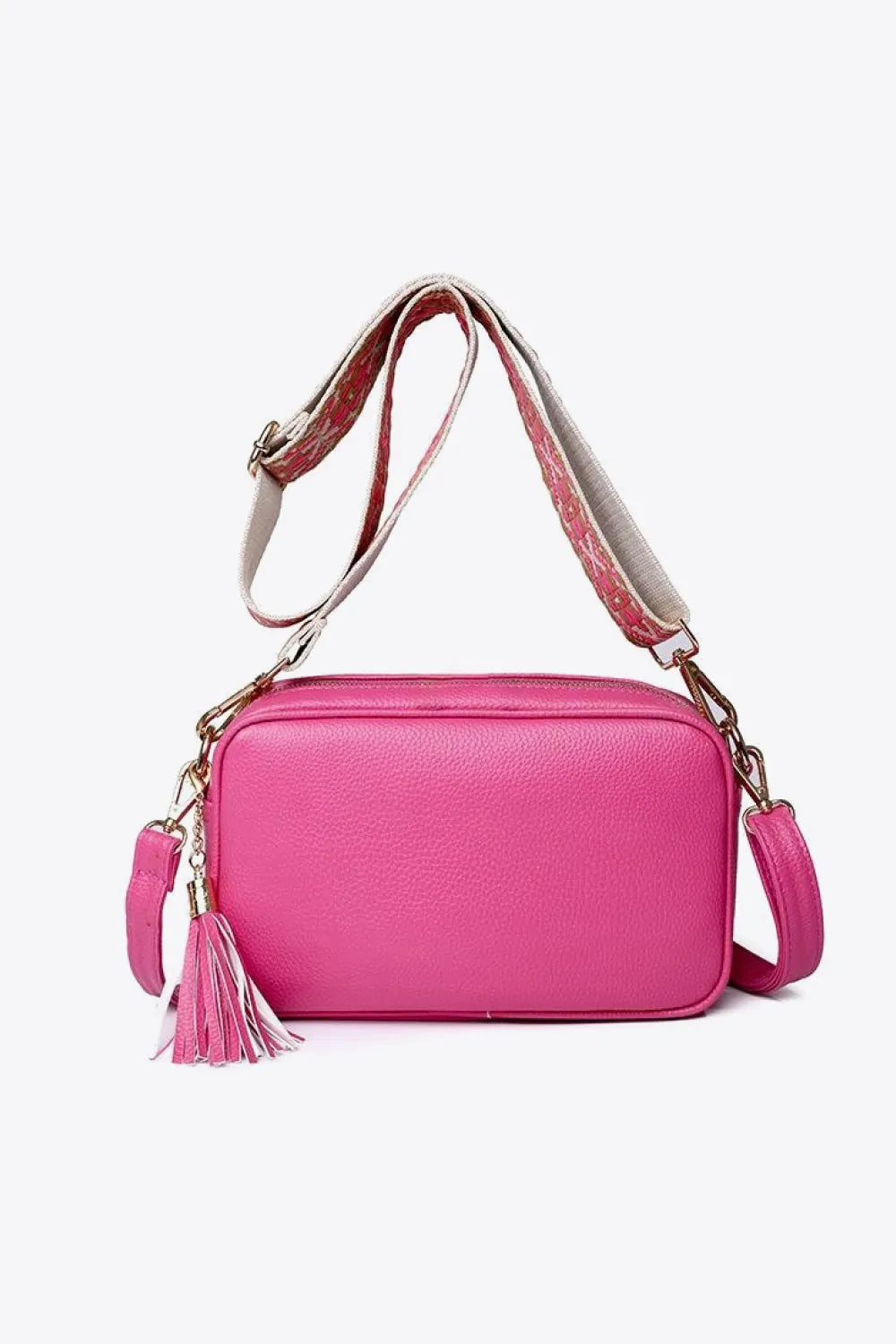 PU leather tassel crossbody bag, fuchsia pink with gold chain straps and tassel