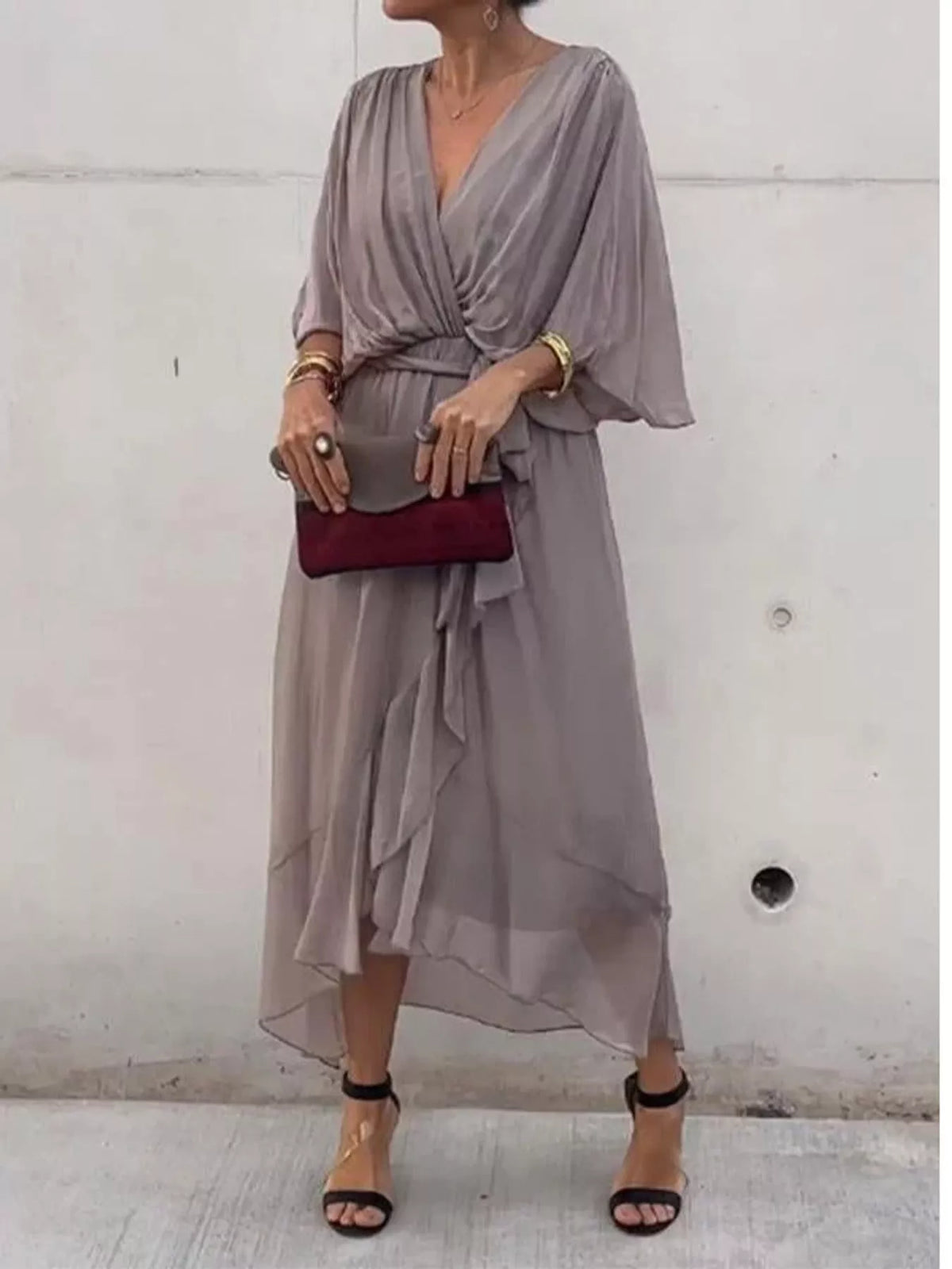 Gray ruched wrap dress with batwing sleeves and waist tie, flowy layered skirt