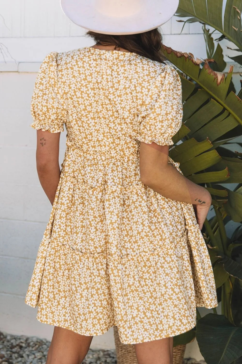 Floral Short Sleeve Surplice Frilly Tiered Mini Dress in beige with white daisies
