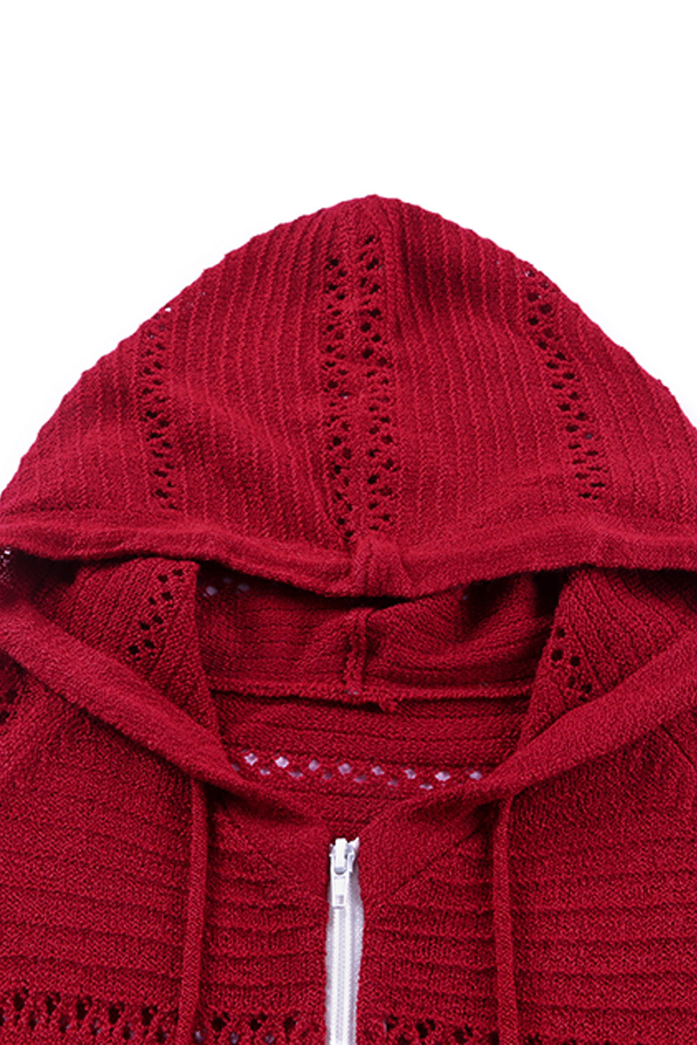 Red hooded zip-up cardigan with openwork knit texture and full zipper