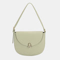 Olive green half-moon shoulder bag with metal buckle clasp and tassel zipper pull.