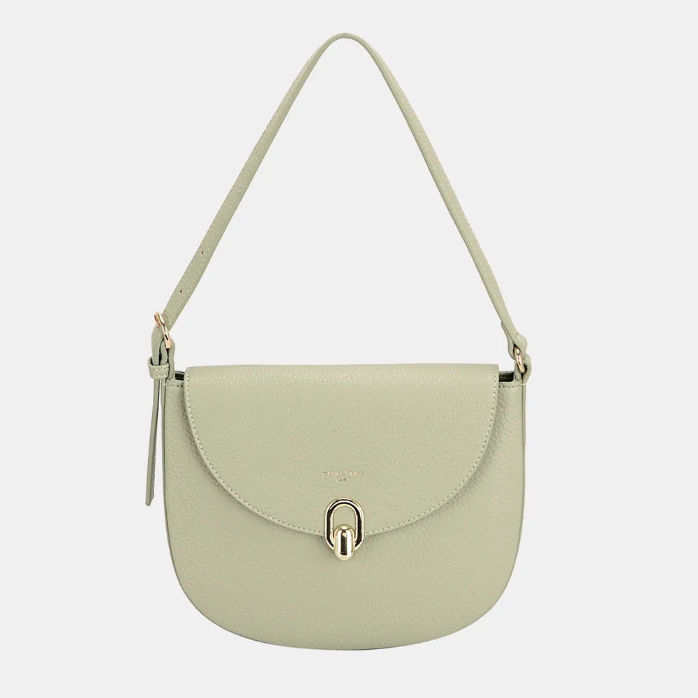 Olive green half-moon shoulder bag with metal buckle clasp and tassel zipper pull.