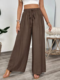 Dark brown wide-leg pants with elastic waist and drawstring