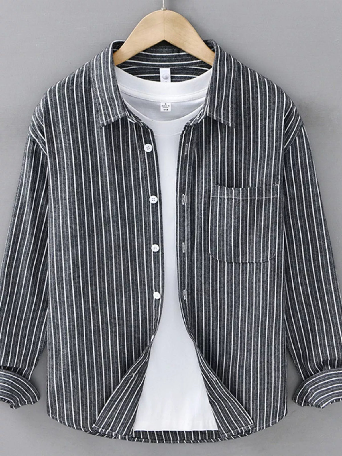 Men's striped long-sleeve button-down shirt, dark gray with light vertical stripes