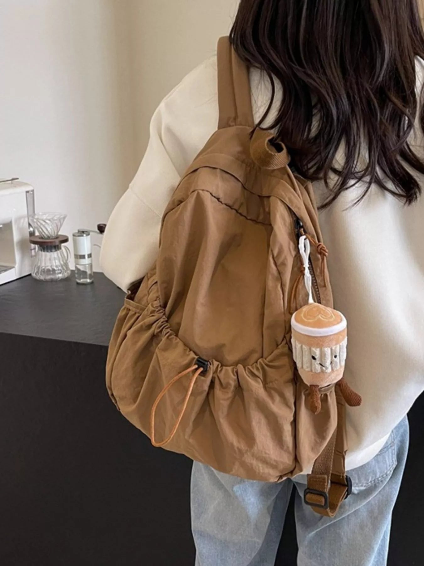 Cedar & Moore Casual Lightweight Drawstring Backpack Bag in tan nylon by Trendsi