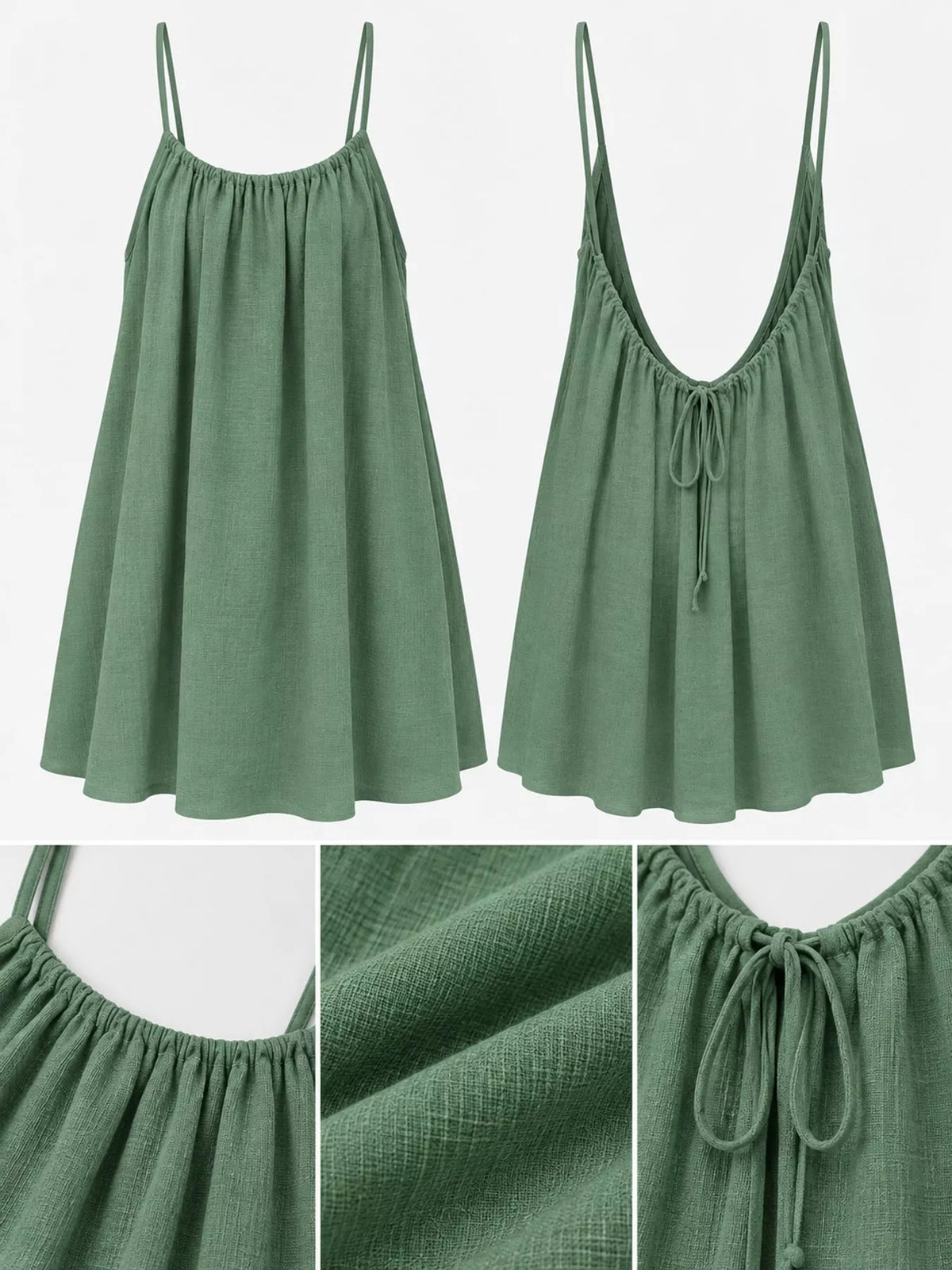 Sage green spaghetti strap mini dress with ruched neckline and tie-front detail
