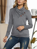 Dark gray long-sleeve mock neck blouse with button detail at the collar