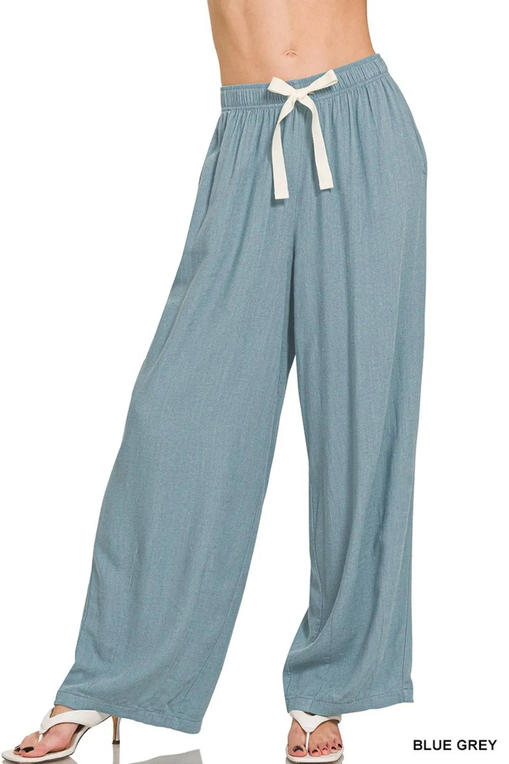 Linen drawstring pants, blue grey, elastic waist with white tie, wide-leg silhouette
