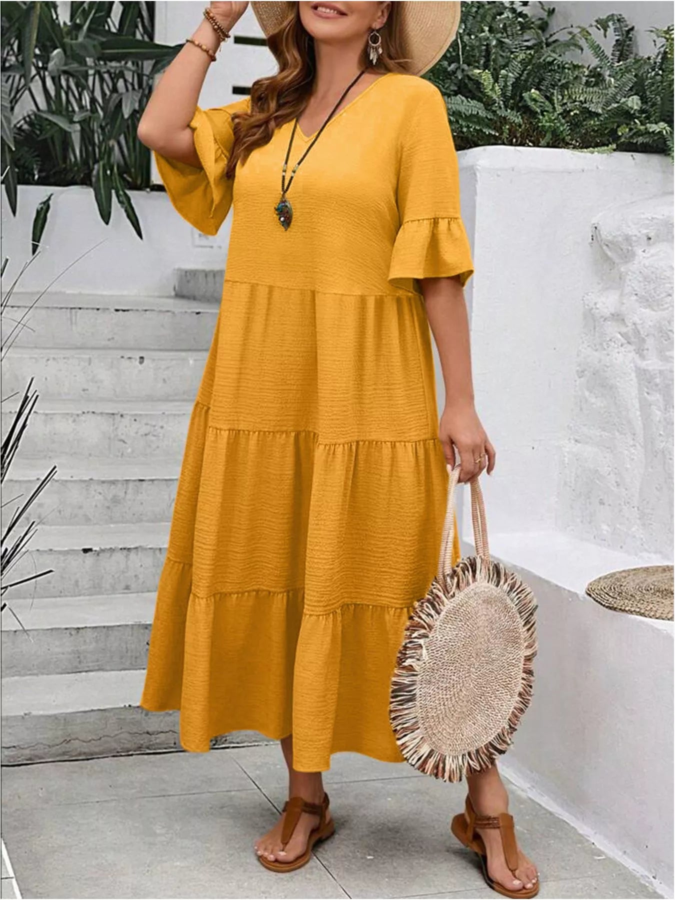 Tiered midi dress with ruffle sleeves, tiered skirt, golden yellow