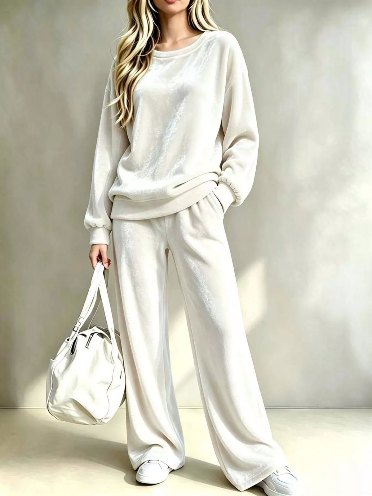 White velvet two-piece set with dropped-shoulder sweatshirt and wide-leg pants