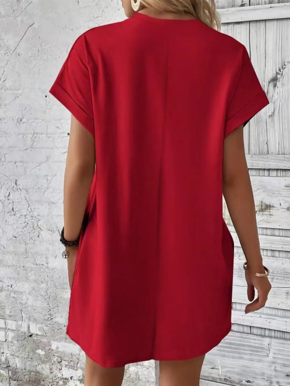 Deep red pocketed round-neck short-sleeve dress, back view, relaxed fit and side pockets