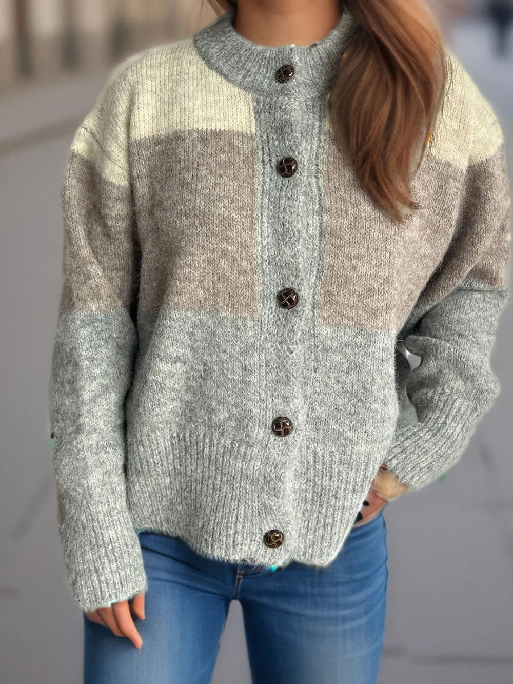 Color block round neck button-up cardigan, gray-blue and cream knit with button front
