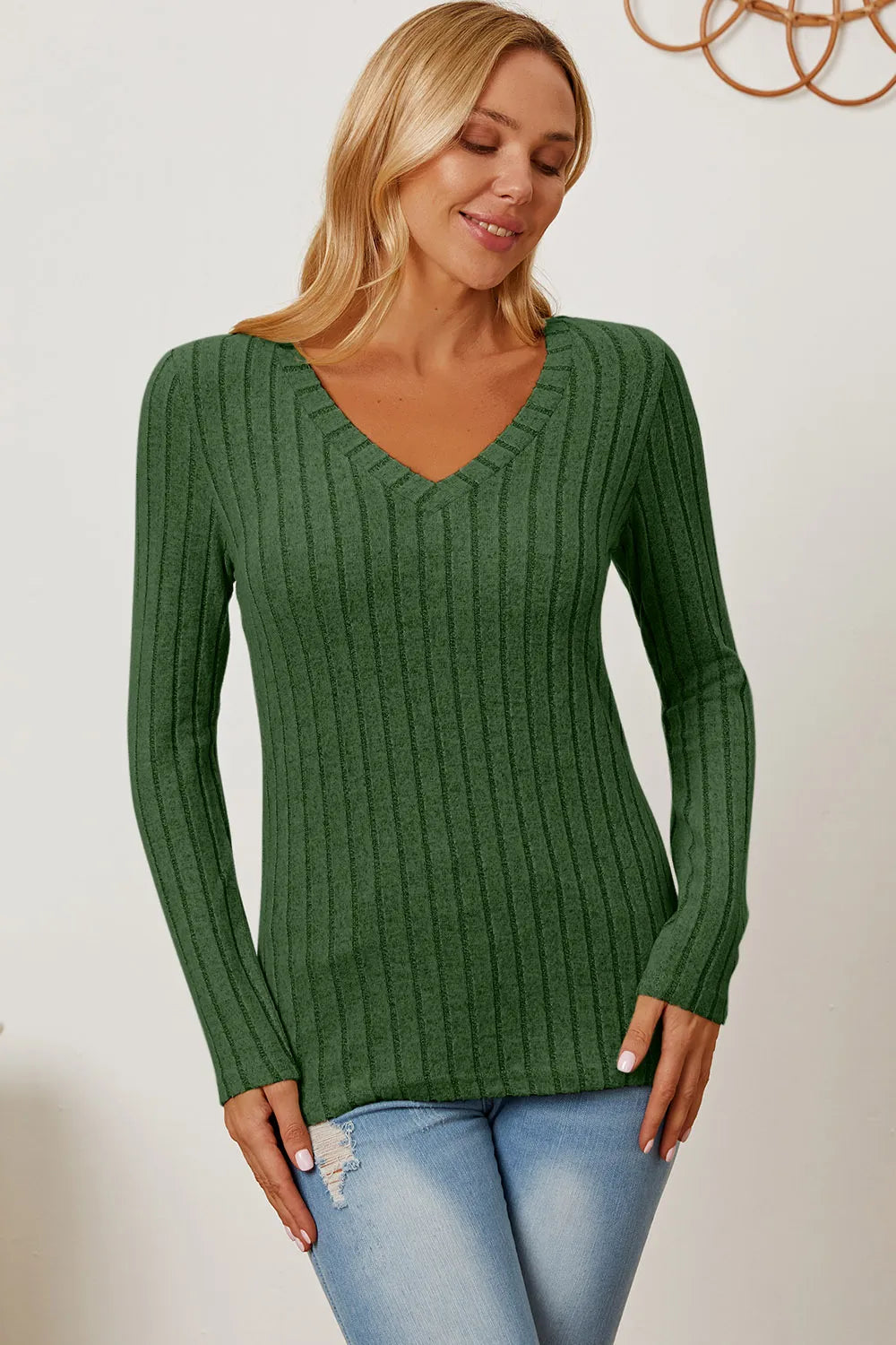 Cedar & Moore Basic Bae ribbed V-neck long sleeve top in green knit