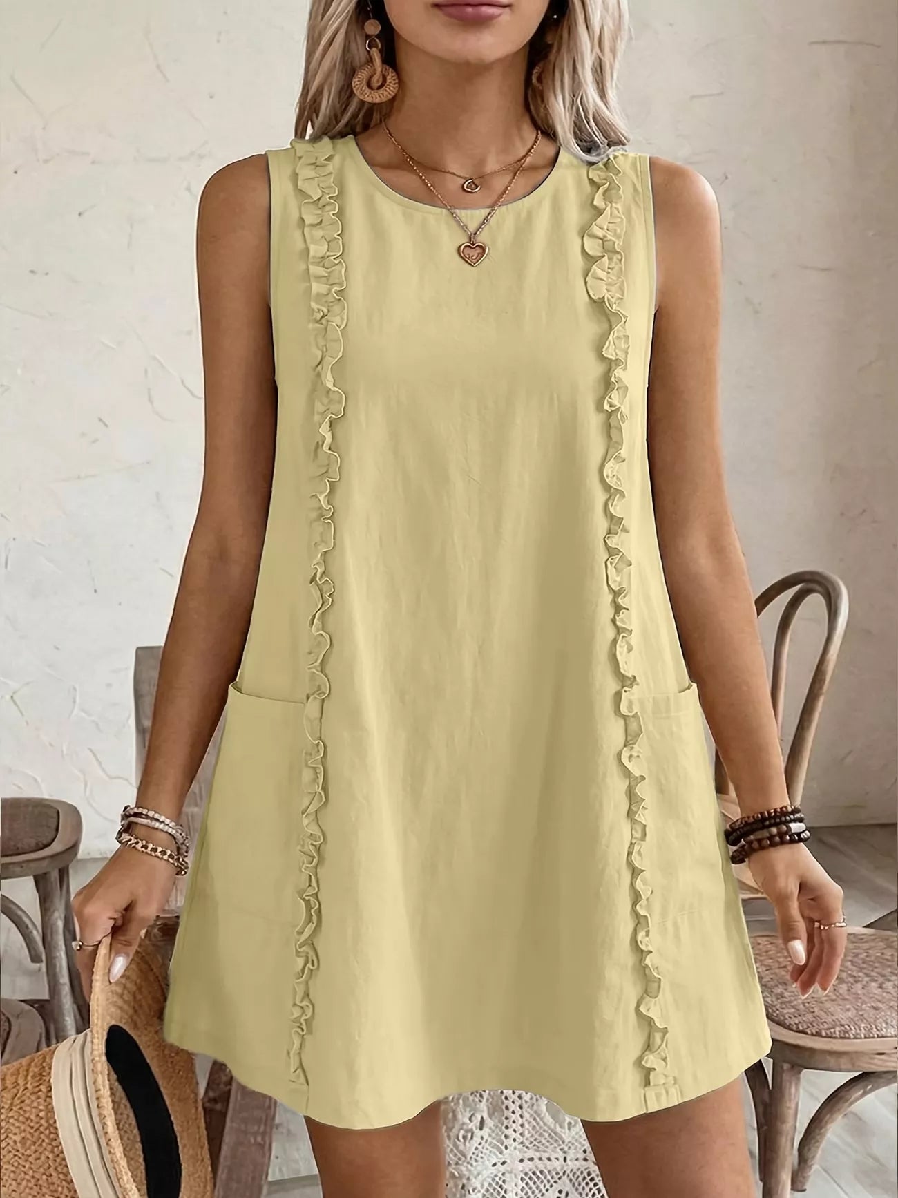 Cedar & Moore Frill sleeveless round-neck dress by Trendsi in pale yellow with pockets and front ruffles