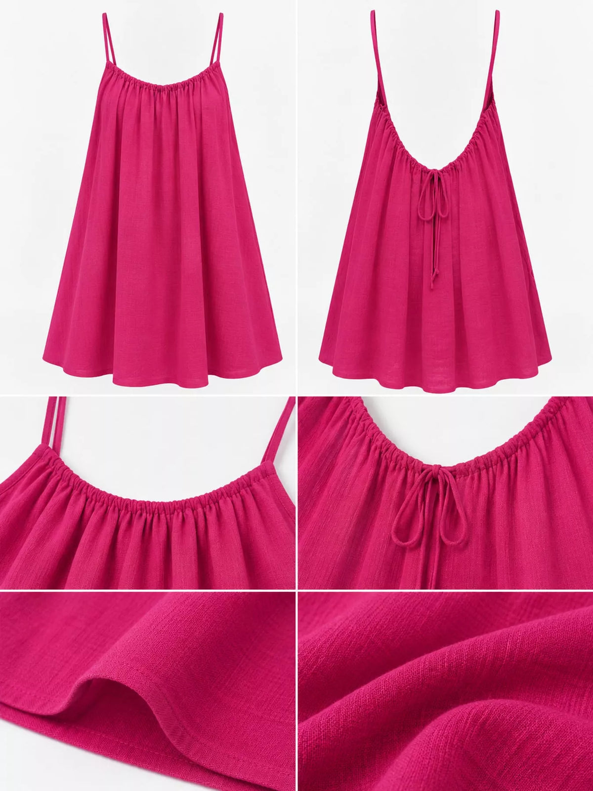 Spaghetti-strap ruched mini dress, hot pink, front and back with drawstring tie