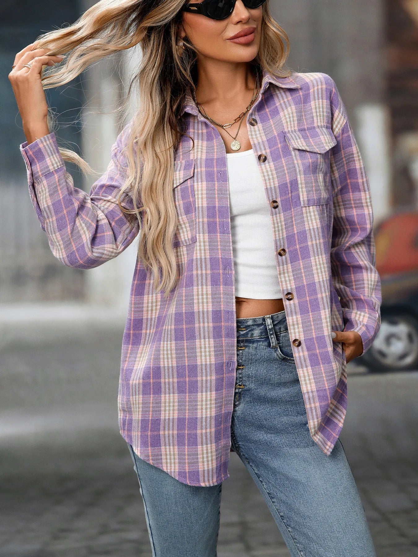 Lavender plaid oversized button-down shirt, long sleeves, chest pockets, button front