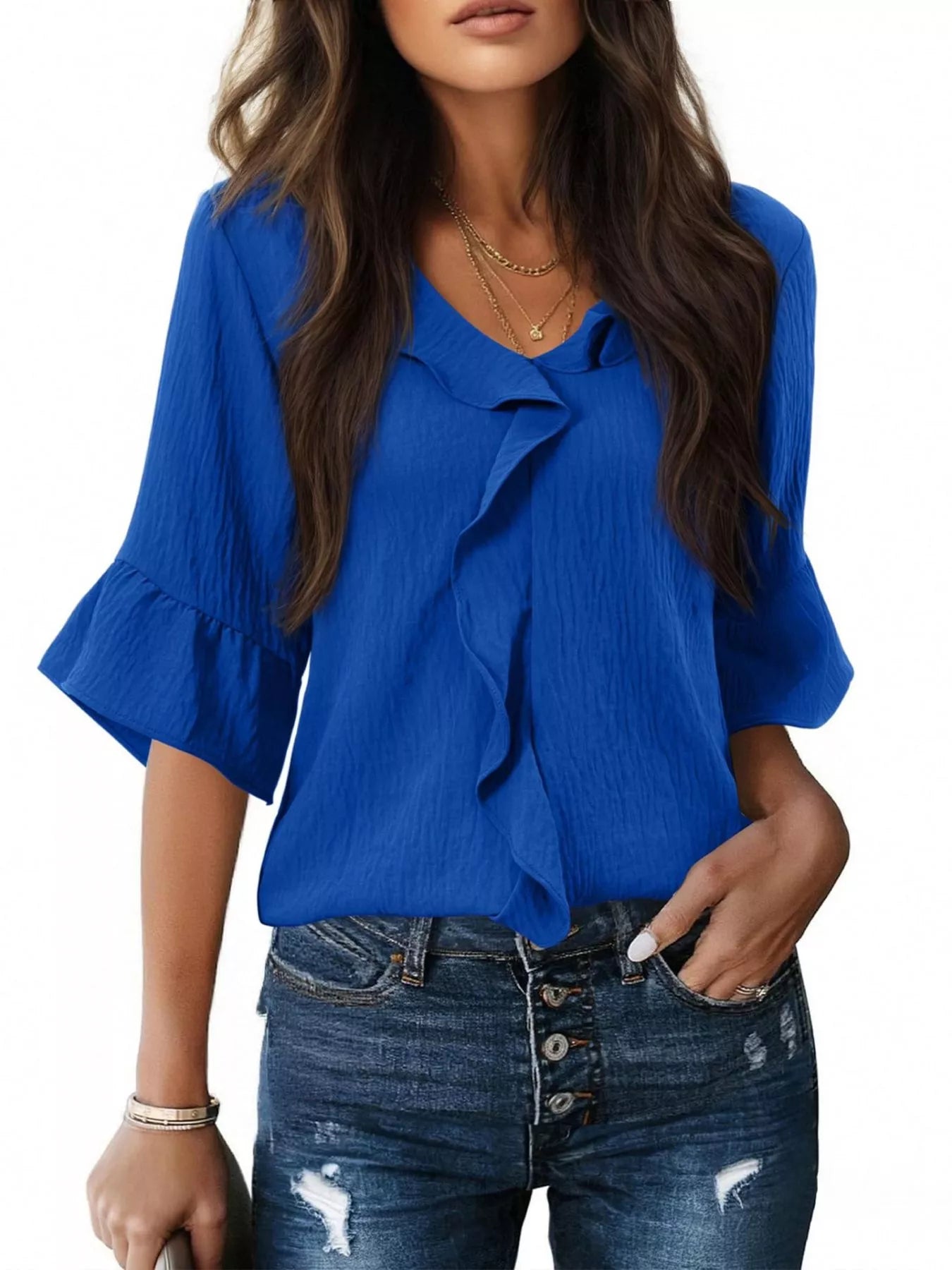 Royal blue ruffle-trim V-neck blouse with layered front and short flared sleeves