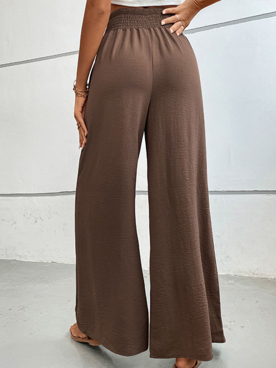 Brown relaxed wide-leg long pants with elastic waistband, full-length