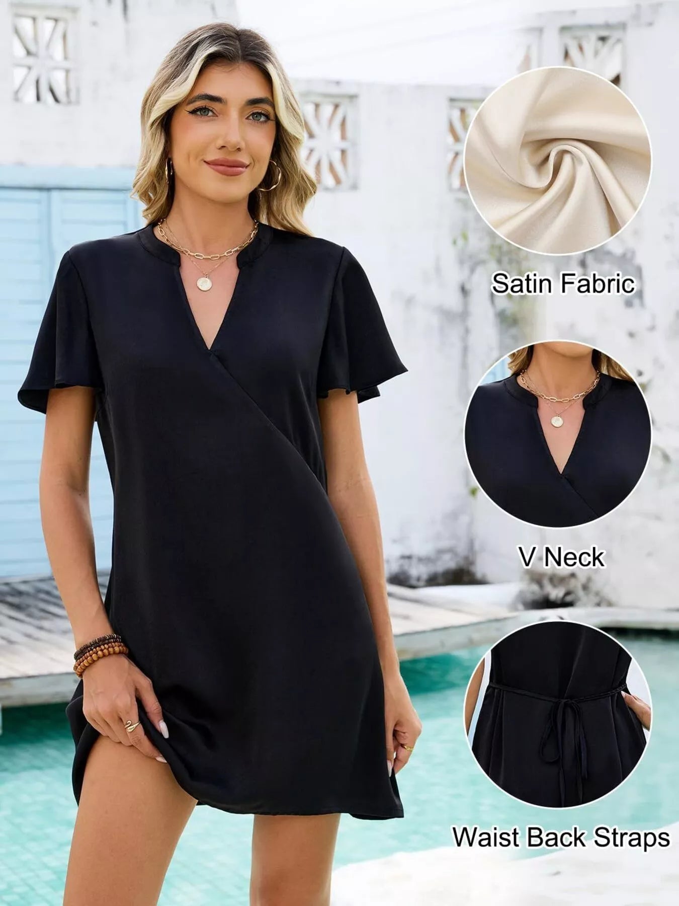 Cedar & Moore Notched Flutter Sleeve Mini Dress in black satin with V-neck and waist-back straps, Trendsi.