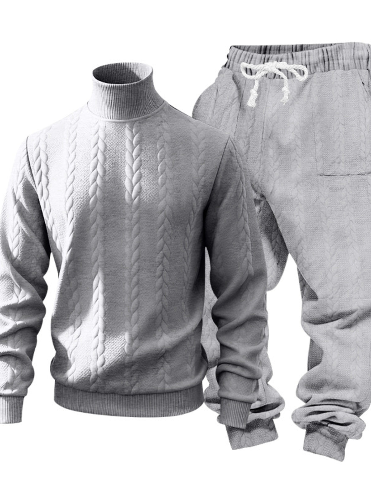 Men's light gray cable-knit mock neck sweater and joggers, cuff and drawstring close-up