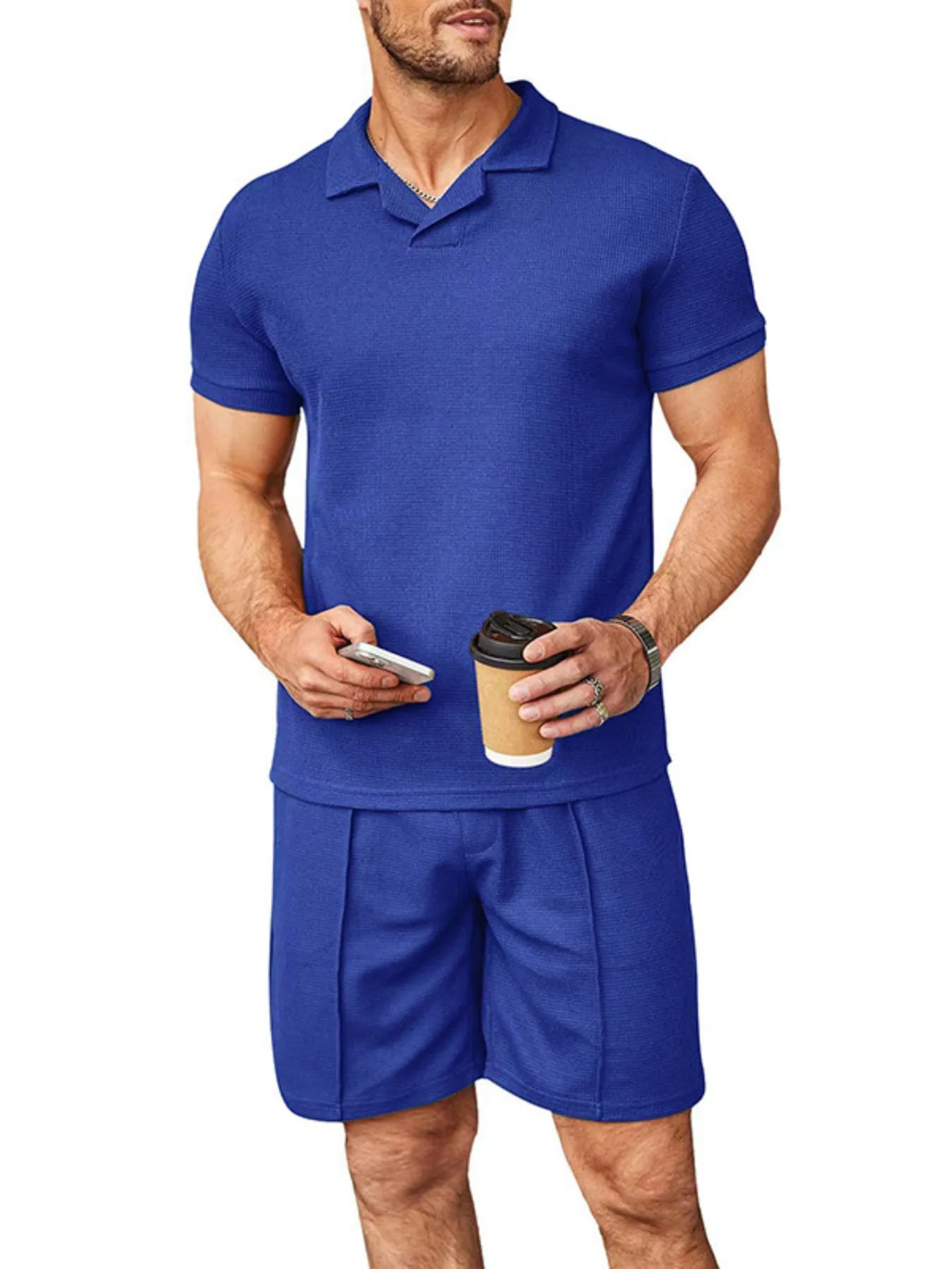 Men's plus size short-sleeve top and shorts set, royal blue polo and matching shorts