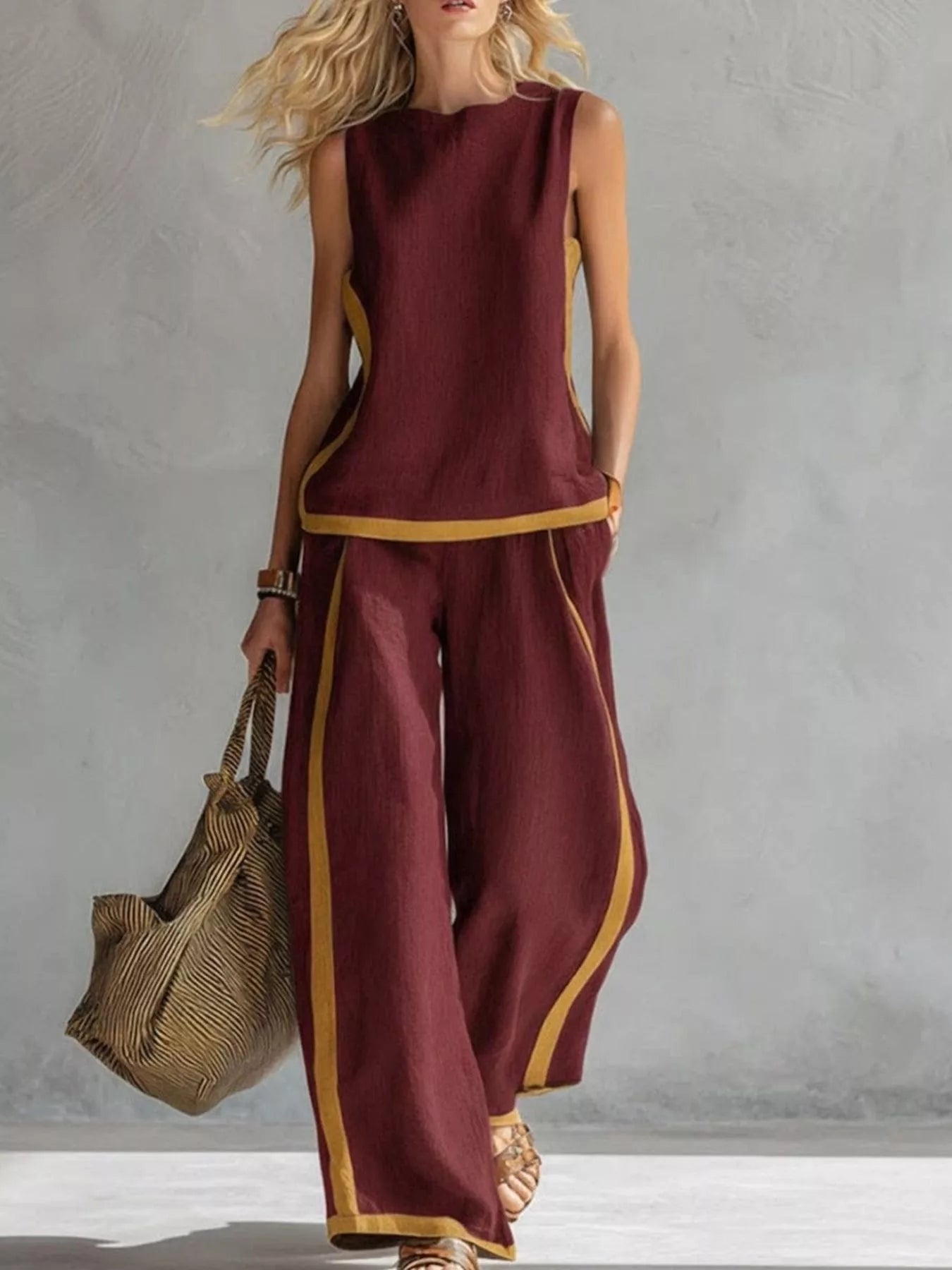 Sleeveless tank top and wide-leg pants set, wine red with yellow trim
