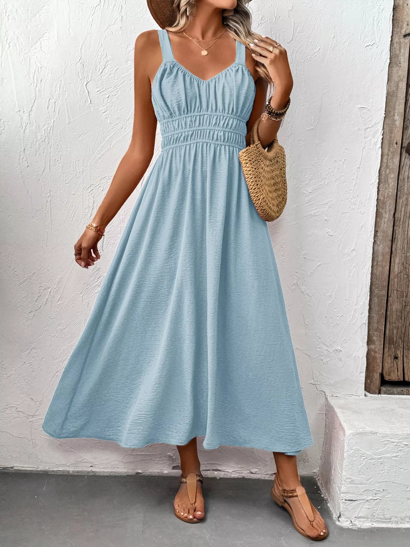 Cedar & Moore Sleeveless Smocked Casual Midi Dress in light blue by Trendsi