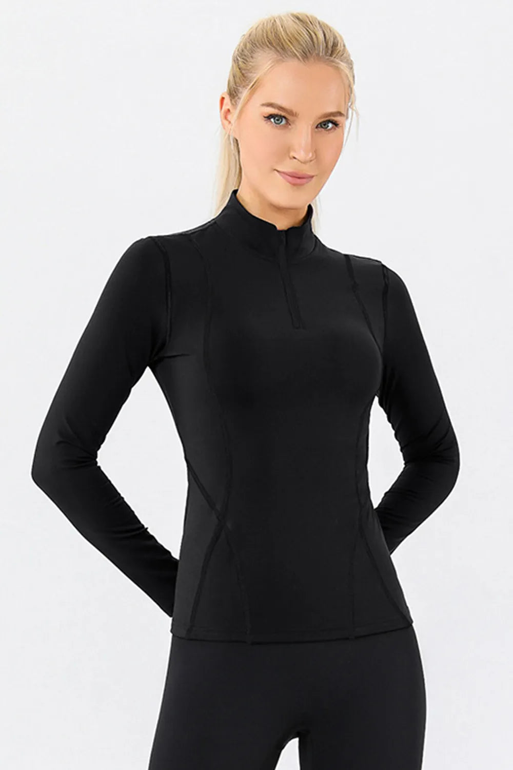 Mock neck active t-shirt in black, long sleeves, quarter-zip placket