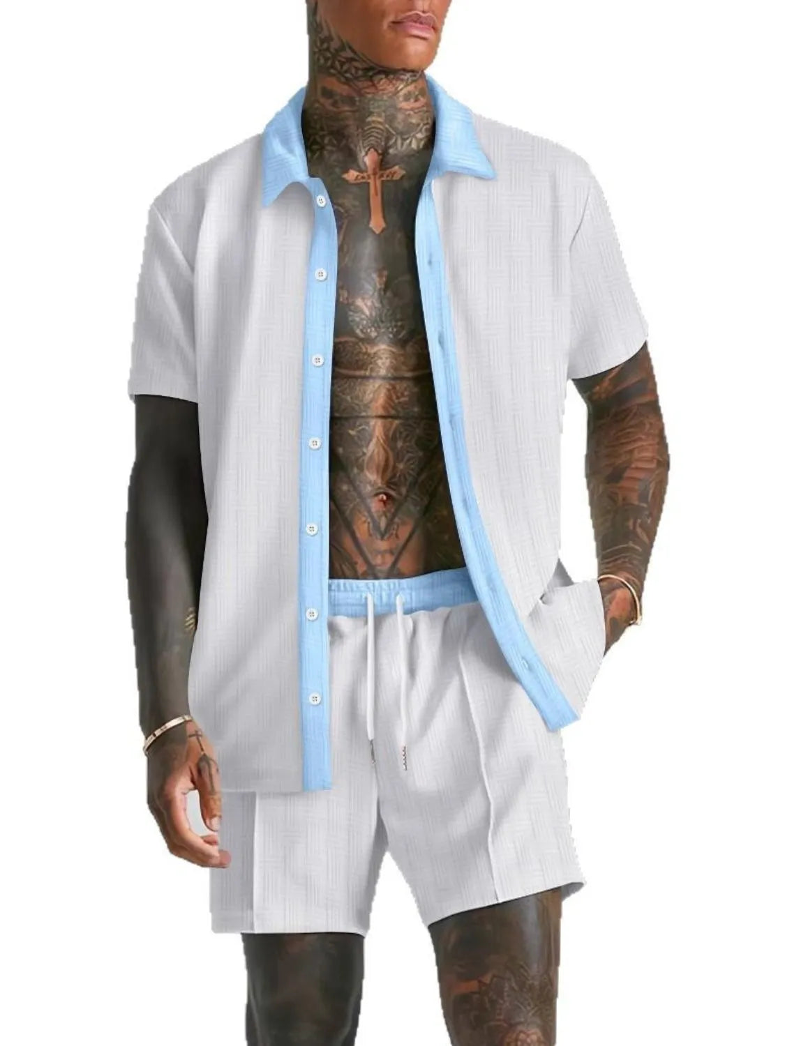 White two-piece set with collared short-sleeve shirt and shorts, light-blue piping