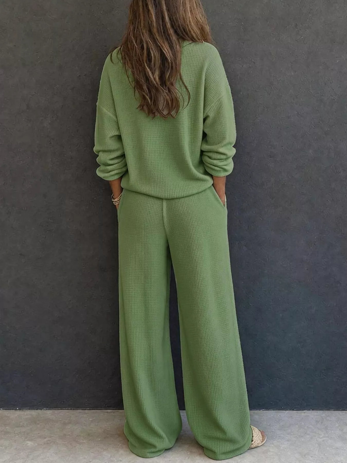 Waffle knit lounge pants set in green, wide-leg style with elastic waist and drawstring