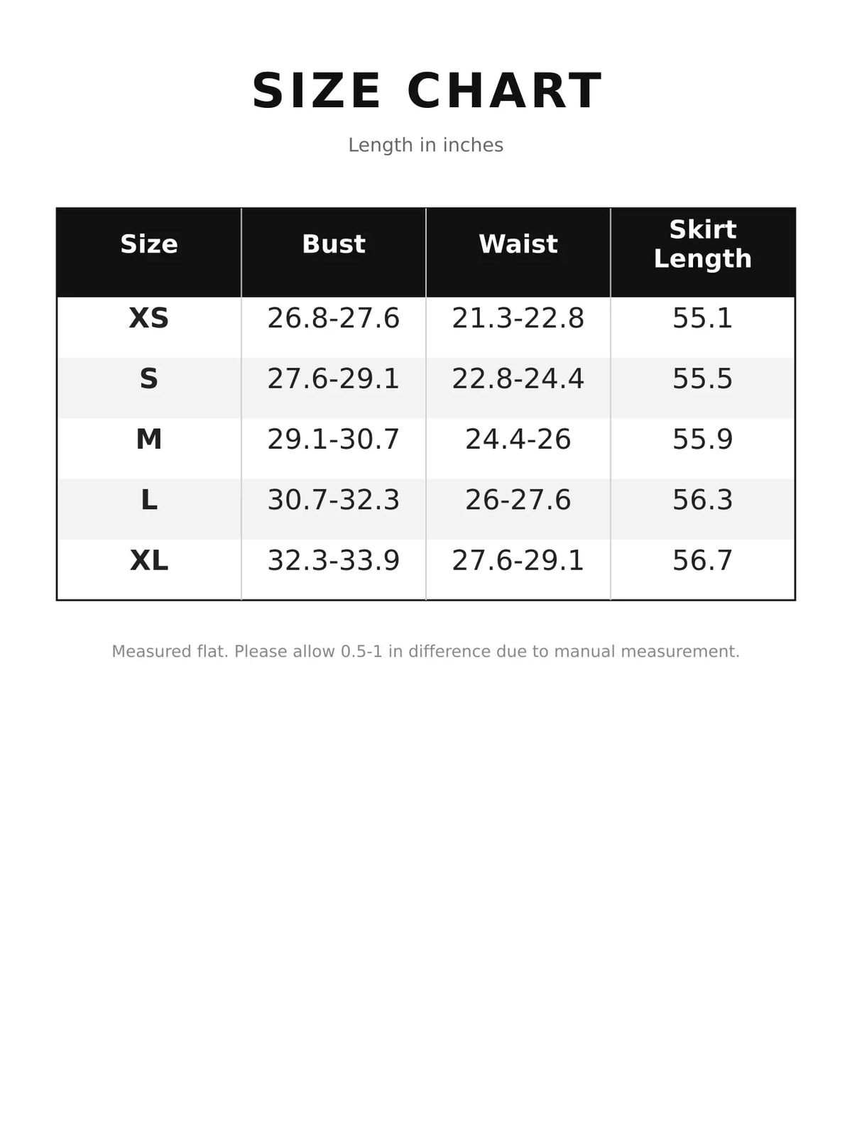 Size chart table for maxi dress measurements in inches