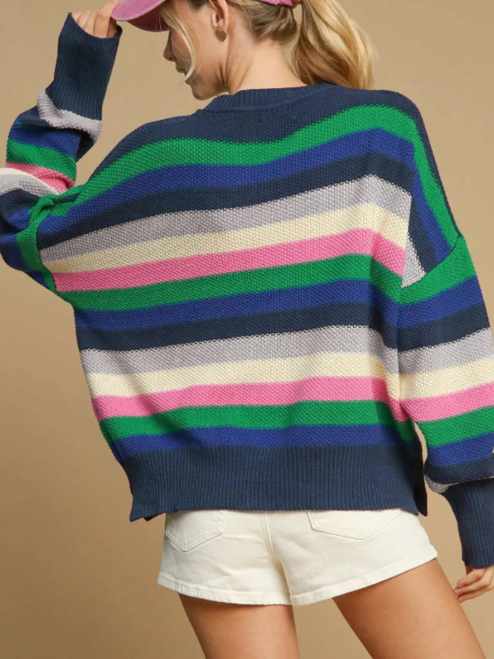 Back view: striped round-neck long-sleeve sweater with navy, green, blue, white, pink