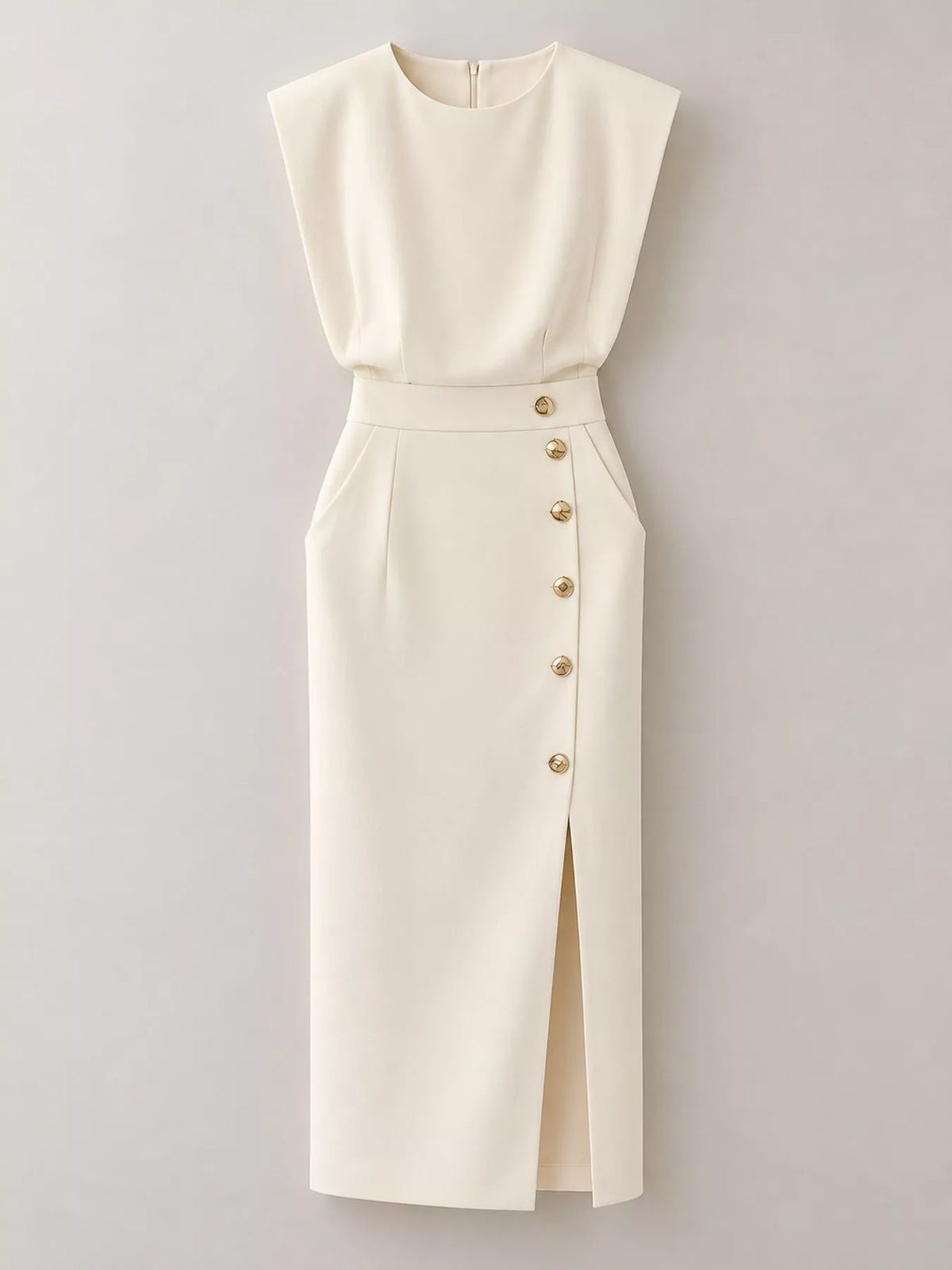 Ivory sleeveless midi dress front view with gold buttons and long side slit