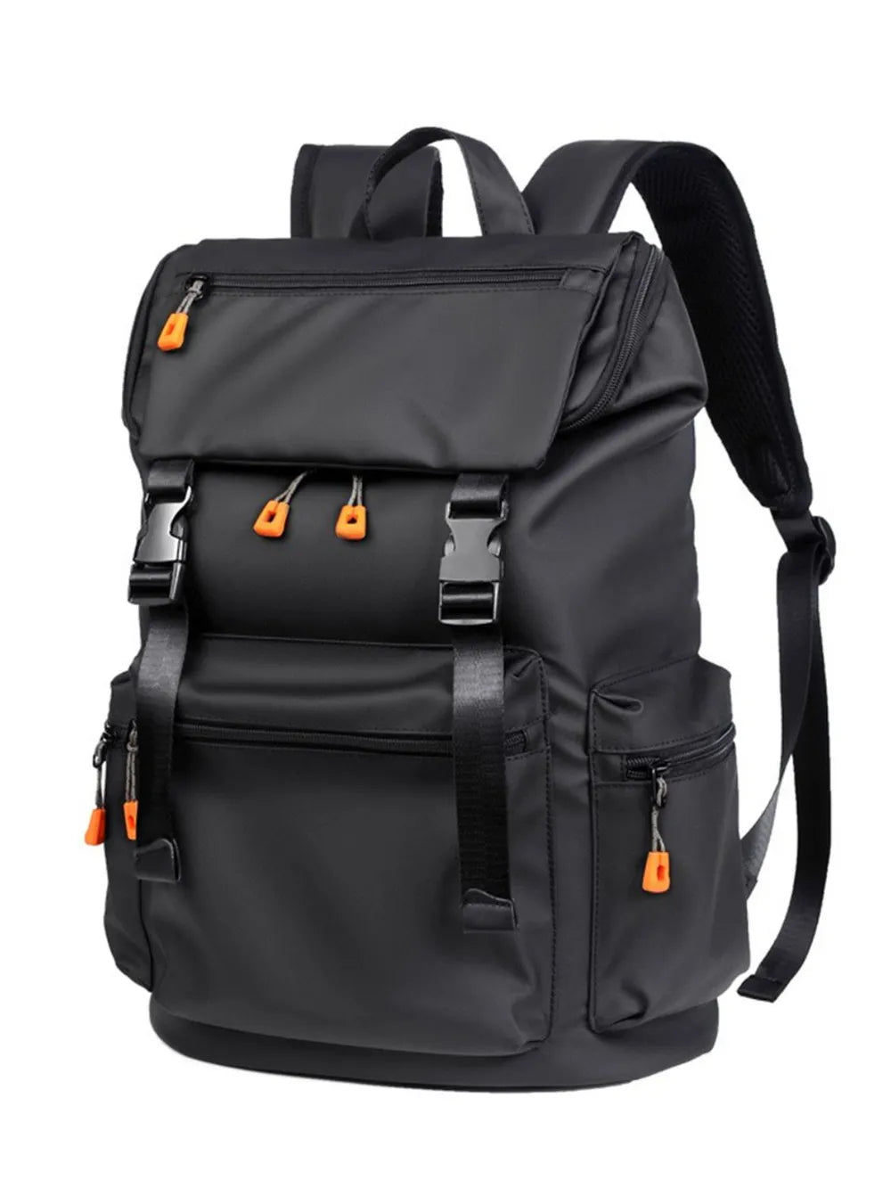 Black oxford cloth multi-pocket backpack with top flap, front buckles, side pockets