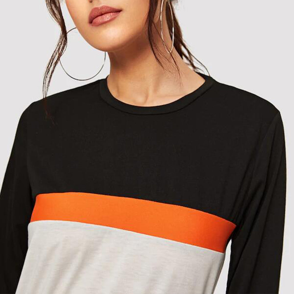 Cedar & Moore Shiny Color Block Round Neck Long Sleeve Tee with black body, orange stripe, white block by Trendsi