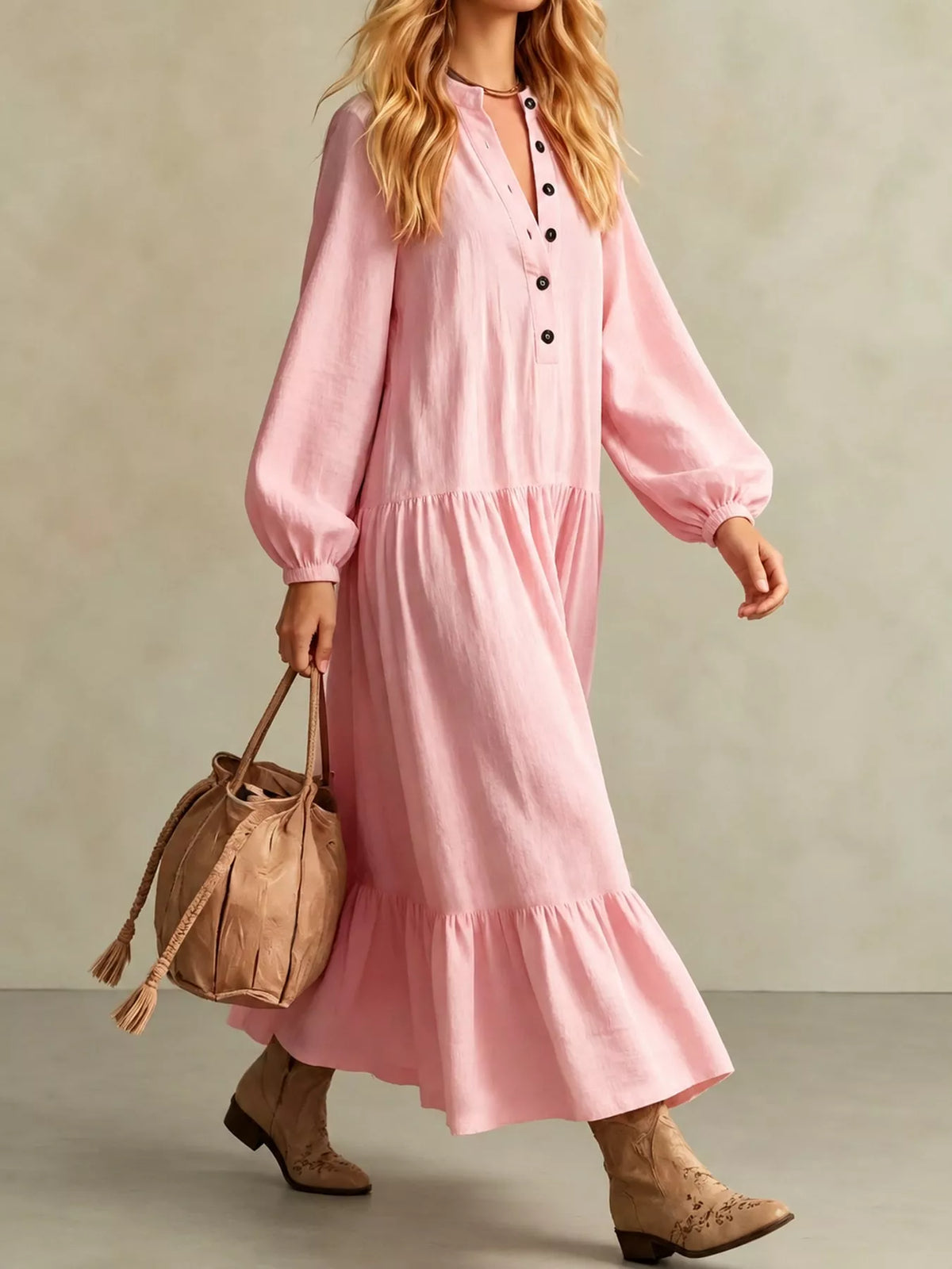 Pink tiered button-front maxi dress, front view with long puff sleeves