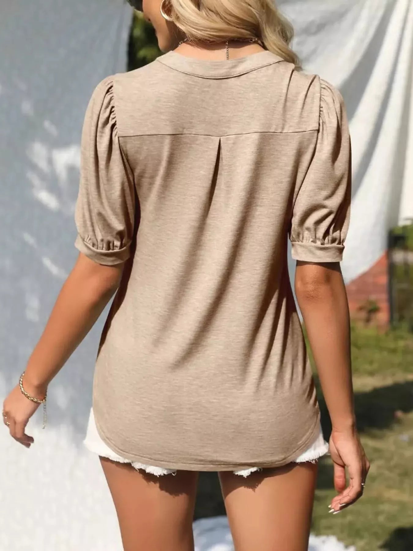 Cedar & Moore Puff Sleeve Notched Casual T-Shirt in tan, back view with puff sleeves, relaxed fit.