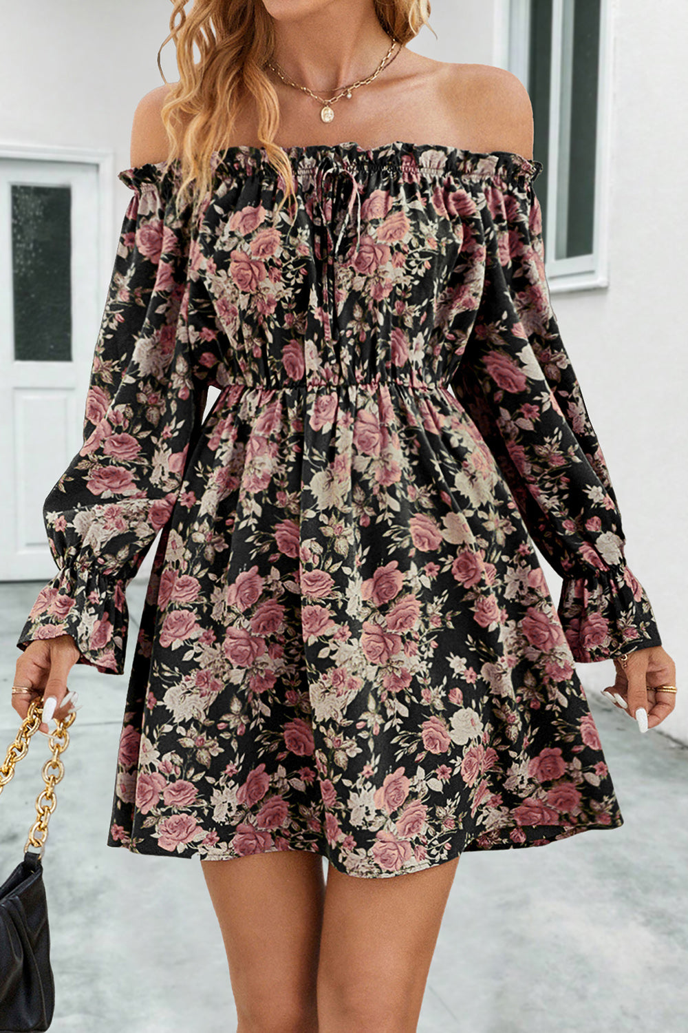 Black floral off-shoulder dress with gathered waist, long flounce sleeves, front view