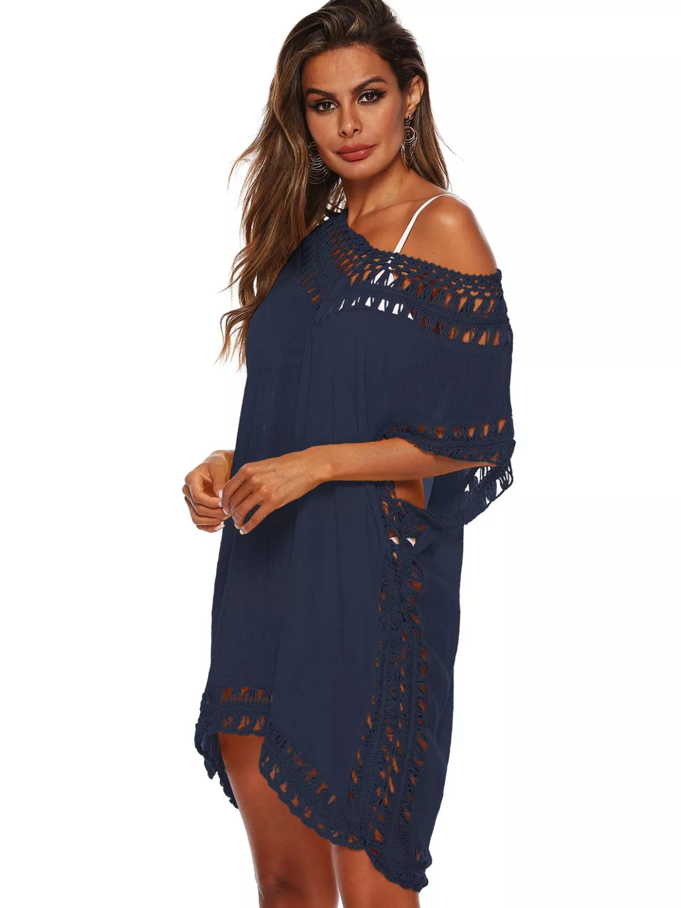 Navy blue crochet-trim cover-up dress with off-shoulder crochet neckline