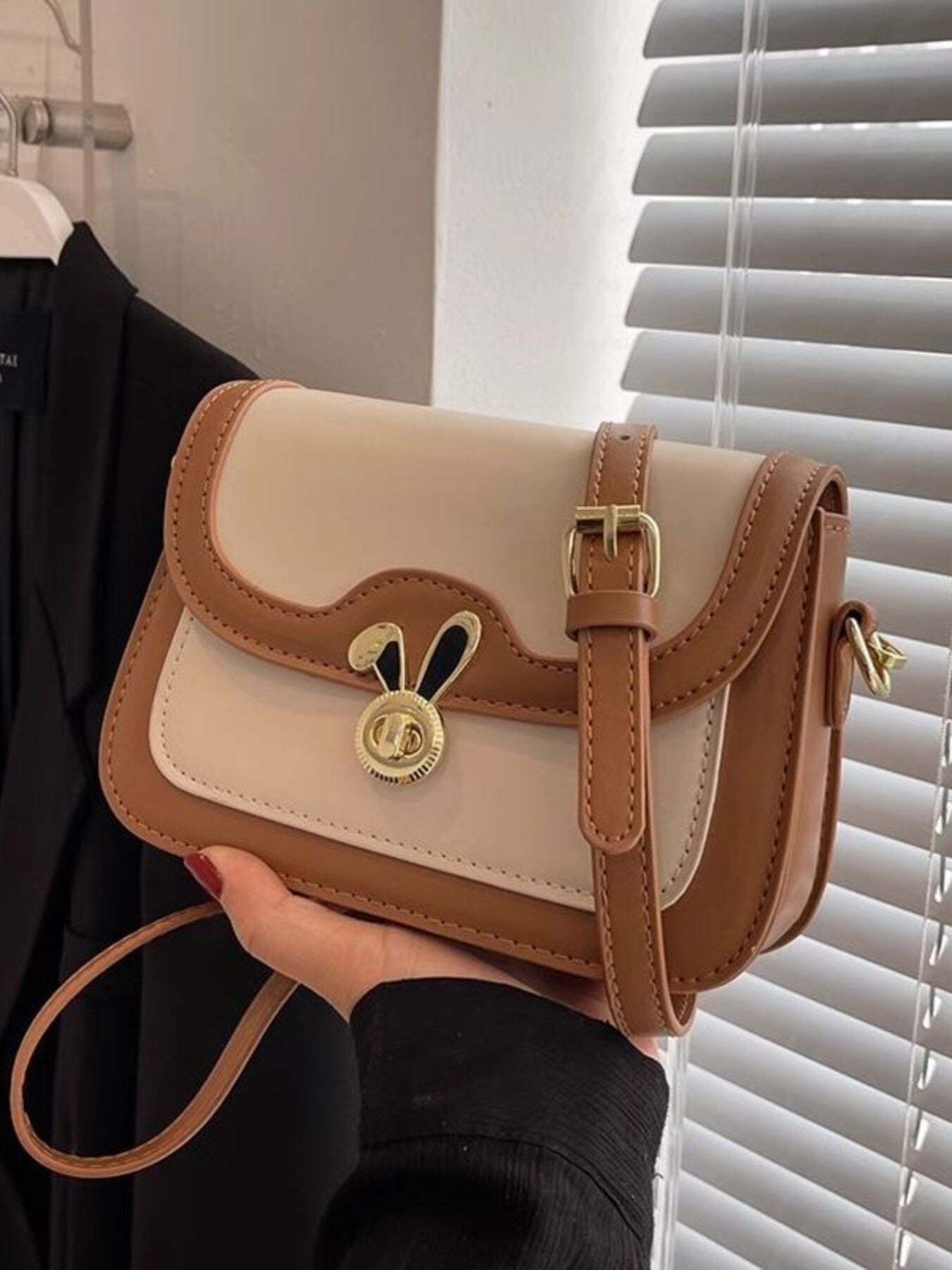 Rabbit Decor Color Block Flap Crossbody Bag, mini PU, beige and brown with gold-tone hardware