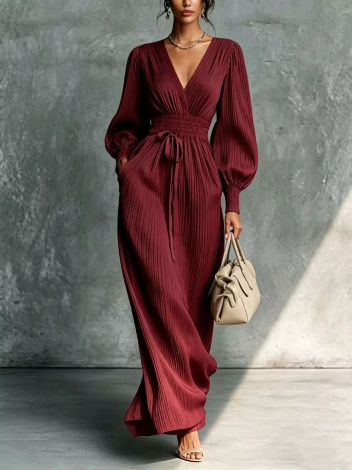 Wine red tie-waist pleated V-neck maxi dress with long balloon sleeves