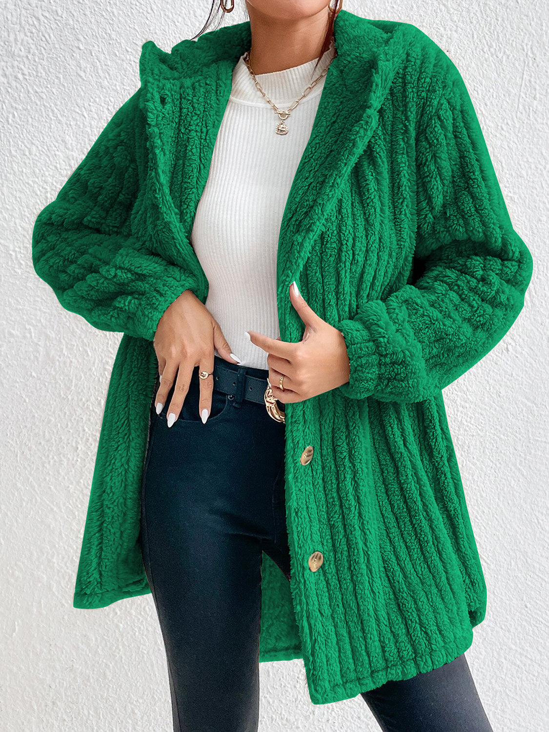 Green button-front hooded coat, textured knit, long sleeves, gold buttons