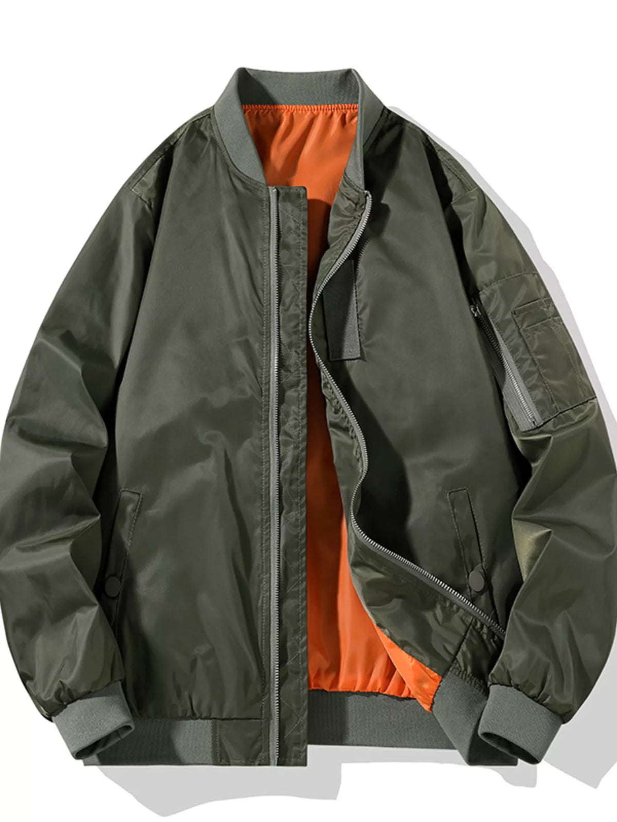 Green lightweight bomber jacket with orange lining, front zipper, and side zip pocket
