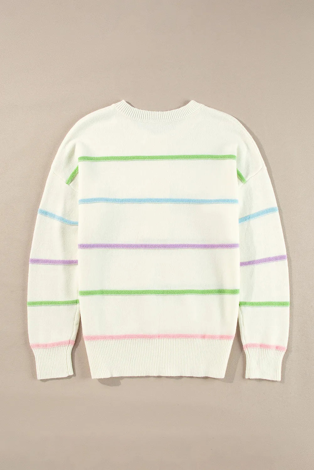 Ivory striped knit sweater with round crew neck and ribbed cuffs, pastel green/blue/purple/pink stripes