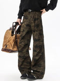 Camouflage wide-leg cargo pants with black belt, front flap pockets, and ankle-length hems