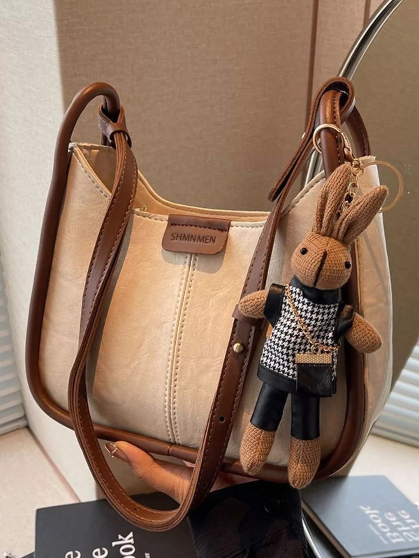 Adjustable Strap Shoulder Bag beige PU with brown leather straps, Trendsi; small size with bunny charm