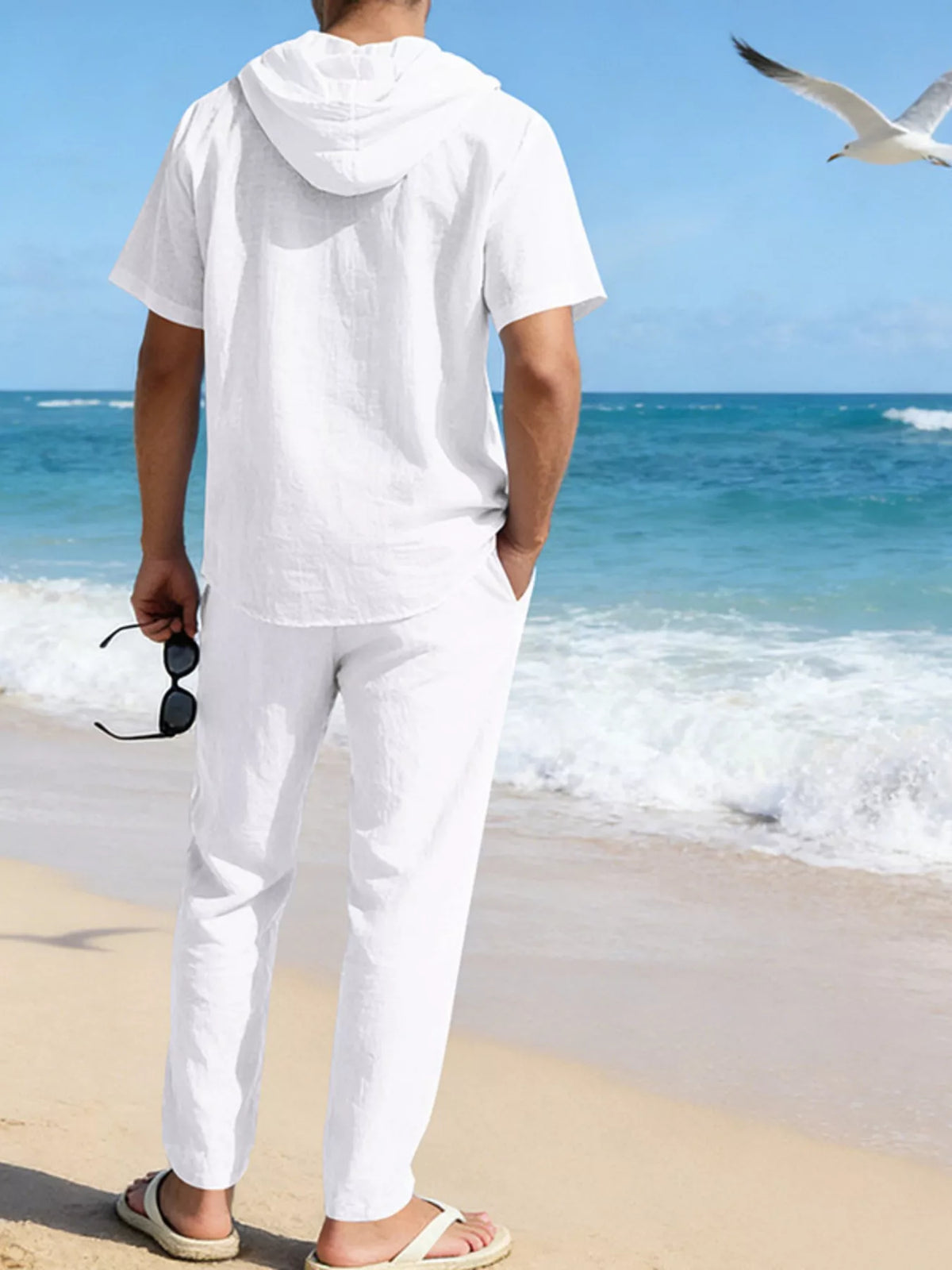 Mens linen hooded button-up short-sleeve top and pants set, white (back view)