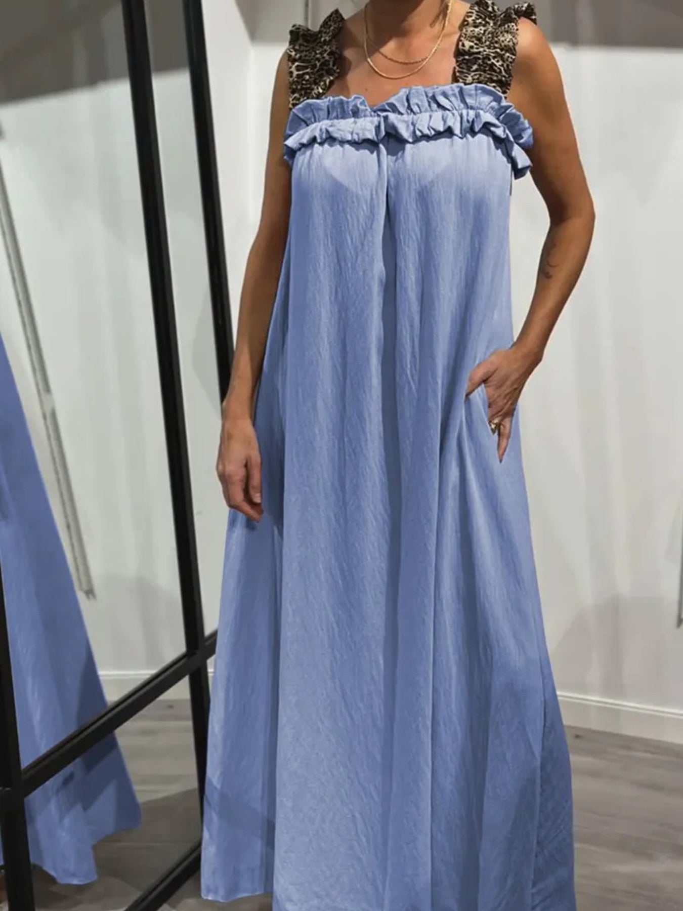 Trendsi plus-size blue ruffled-strap maxi dress with pockets and leopard-print straps
