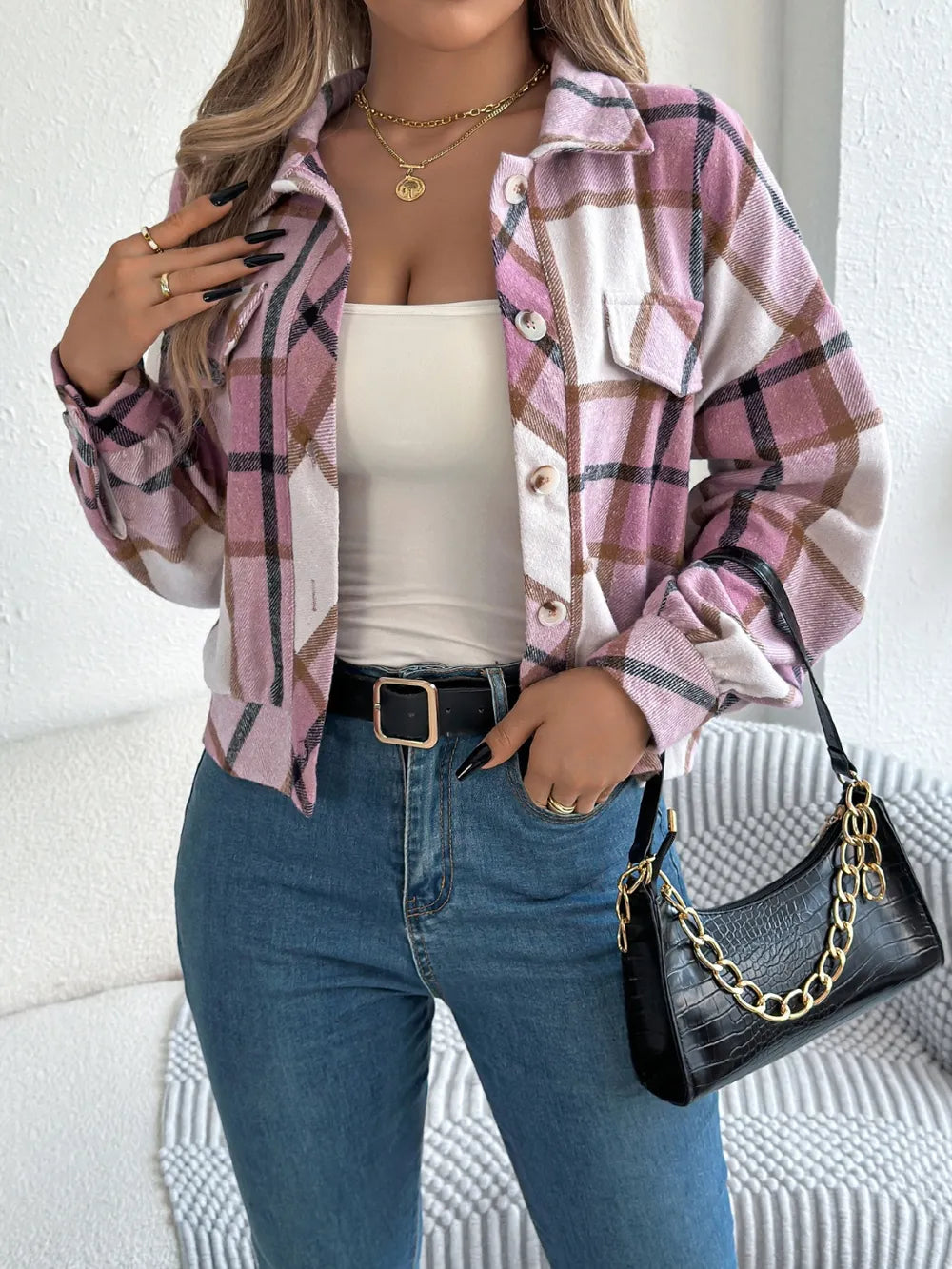 Lilac plaid button-up long sleeve jacket with snap front and chest pockets