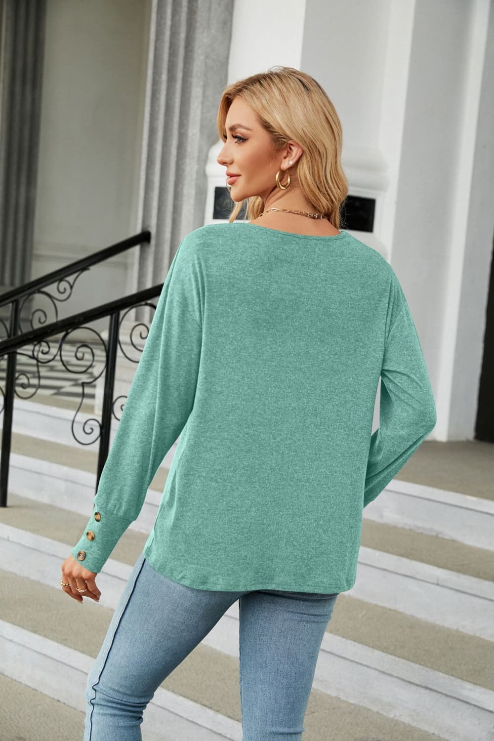 Cedar & Moore V-Neck Long Sleeve T-Shirt in sage green, solid knit, Trendsi brand, women's top